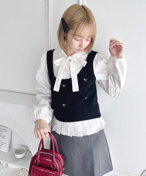 【2点SET】ボウタイブラウス+リボン刺繍ベスト | LO2256050 | ブラック