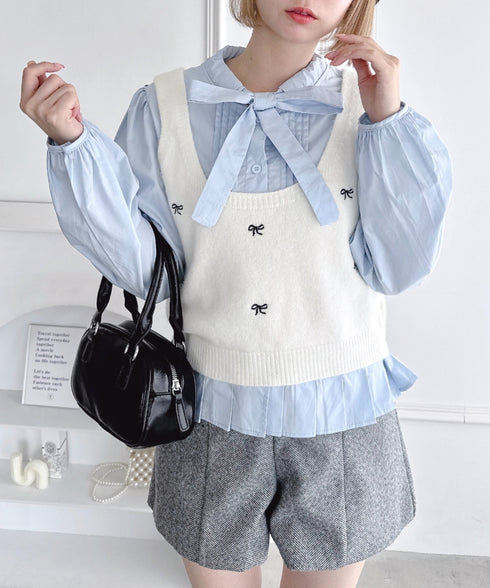 【2点SET】ボウタイブラウス+リボン刺繍ベスト | LO2256050 | オフホワイト