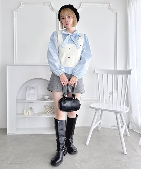 【2点SET】ボウタイブラウス+リボン刺繍ベスト | LO2256050 | オフホワイト