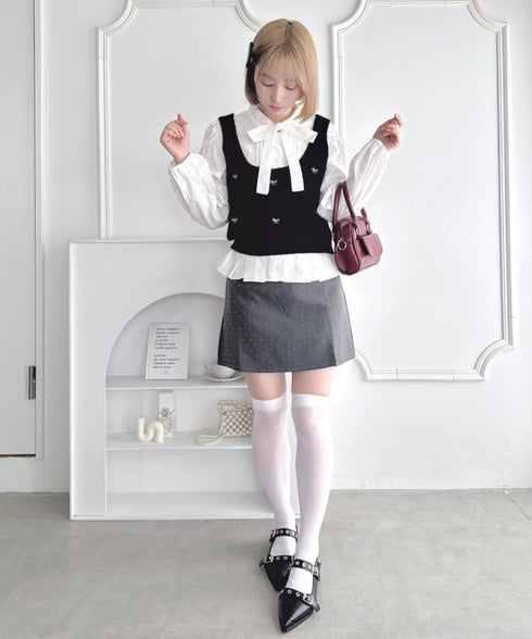 【2点SET】ボウタイブラウス+リボン刺繍ベスト | LO2256050 | ブラック