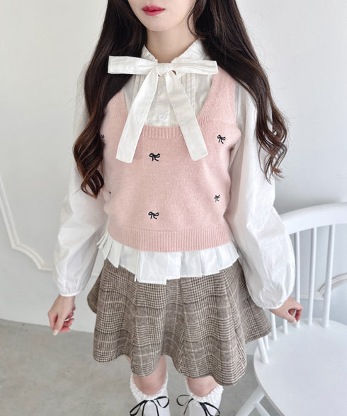 【2点SET】ボウタイブラウス+リボン刺繍ベスト | LO2256050 | ピンク