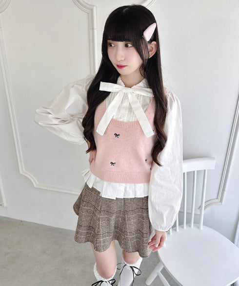 【2点SET】ボウタイブラウス+リボン刺繍ベスト | LO2256050 | ピンク