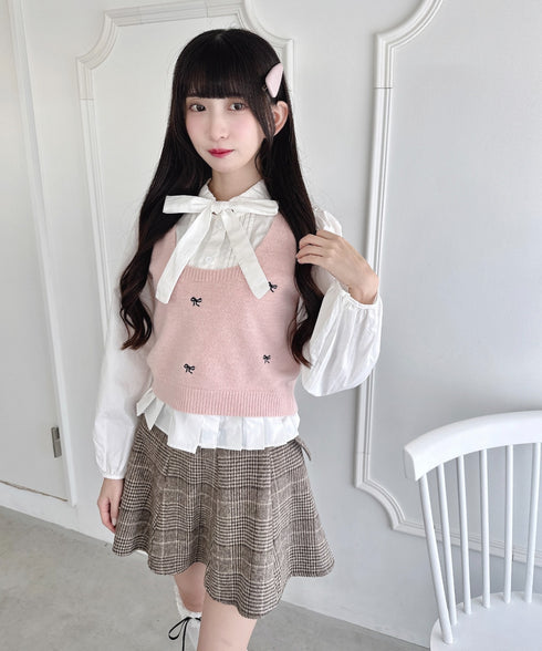 【2点SET】ボウタイブラウス+リボン刺繍ベスト | LO2256050 | ピンク