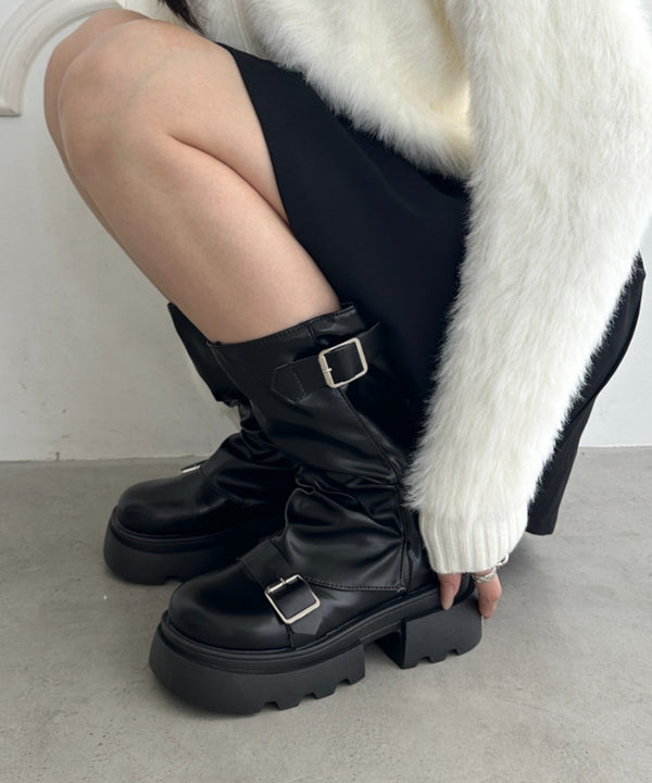 ベルトデザインカバーミドルブーツ 厚底 | WR3253050 | ブラック