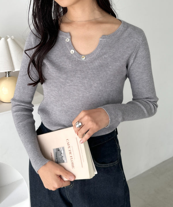 スキッパーネックリブニットトップス | CL2253025 | グレー