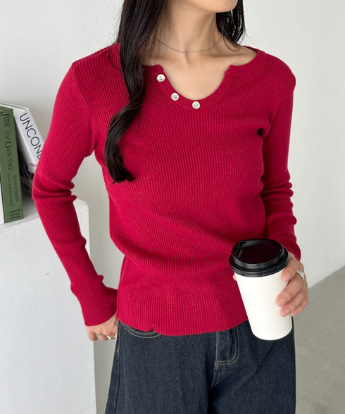 スキッパーネックリブニットトップス | CL2253025 | レッド