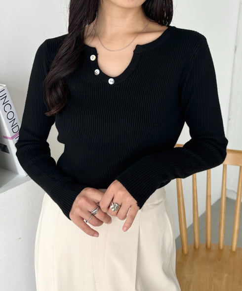 スキッパーネックリブニットトップス | CL2253025 | ブラック