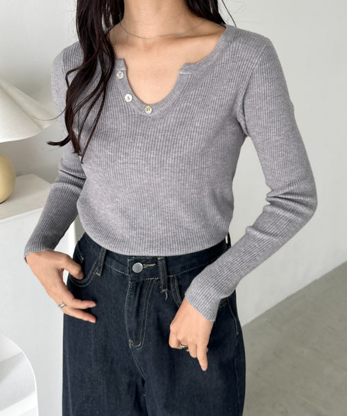 スキッパーネックリブニットトップス | CL2253025 | グレー