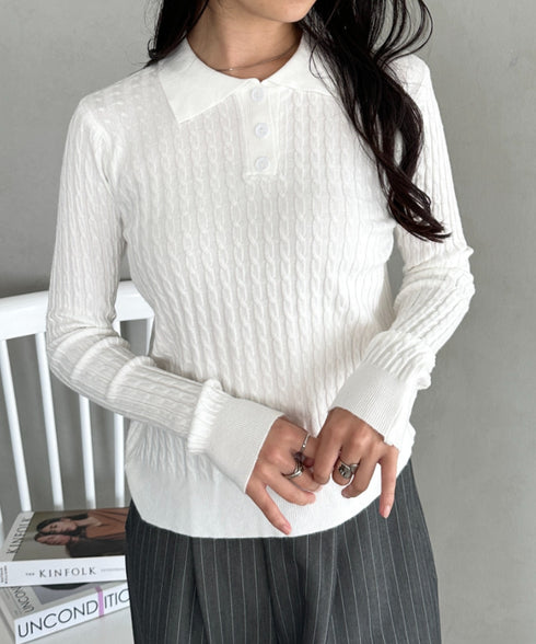 ケーブルポロニットトップス | CL2253026 | ホワイト