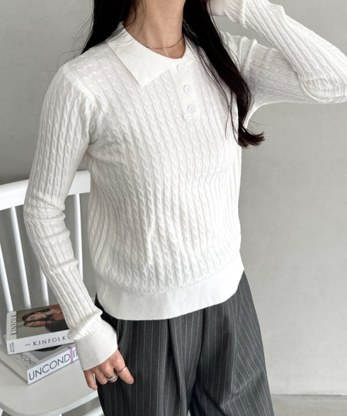 ケーブルポロニットトップス | CL2253026 | ホワイト