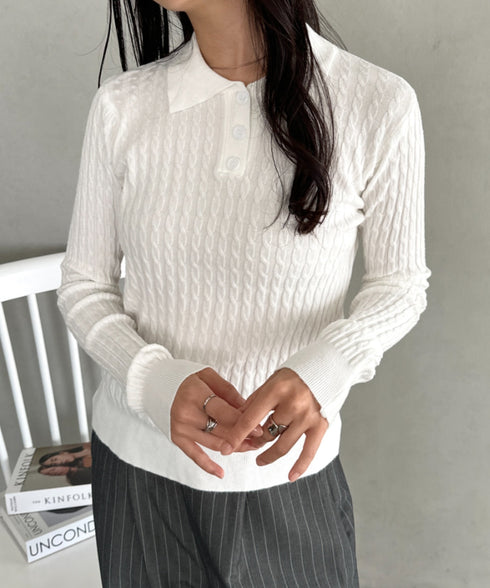 ケーブルポロニットトップス | CL2253026 | ホワイト