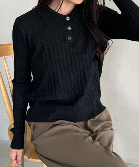 ケーブルポロニットトップス | CL2253026 | ブラック