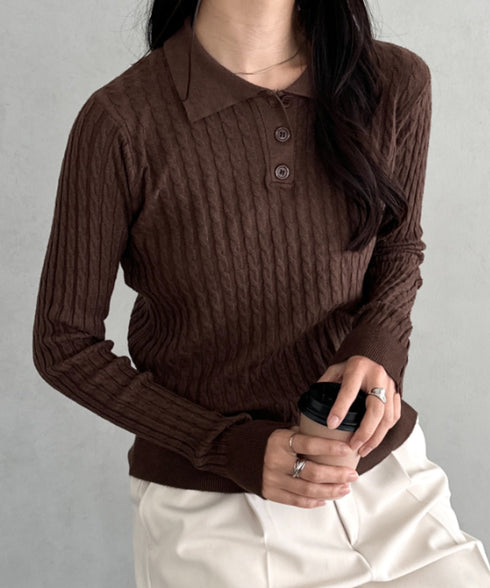 ケーブルポロニットトップス | CL2253026 | ブラウン