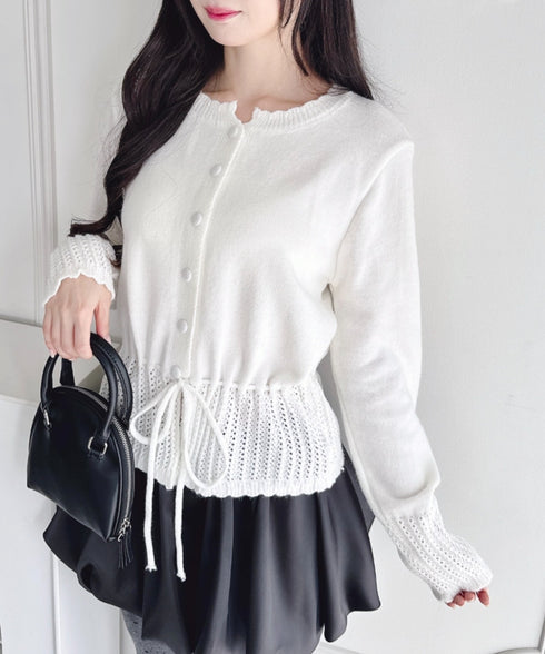 クロシェ切り替えリボンカーディガン | LO2254006 | オフホワイト