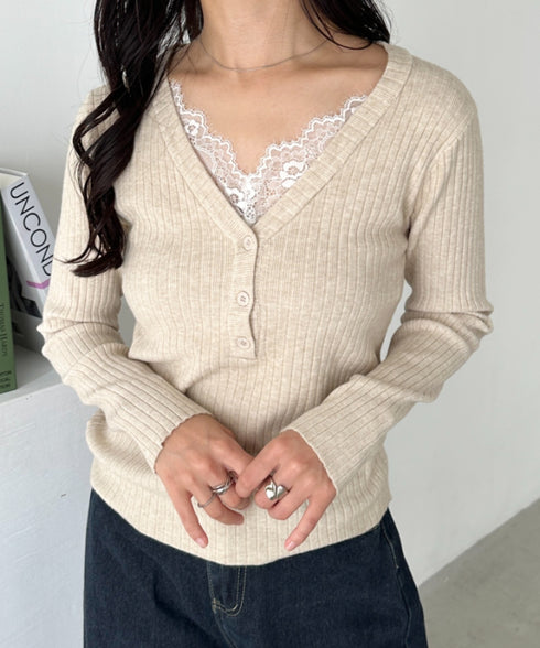 Vネックレースコンパクトトップス | CL2253027 | ベージュ