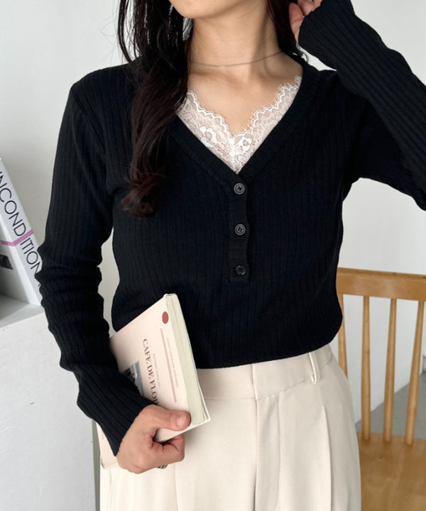 Vネックレースコンパクトトップス | CL2253027 | ブラック