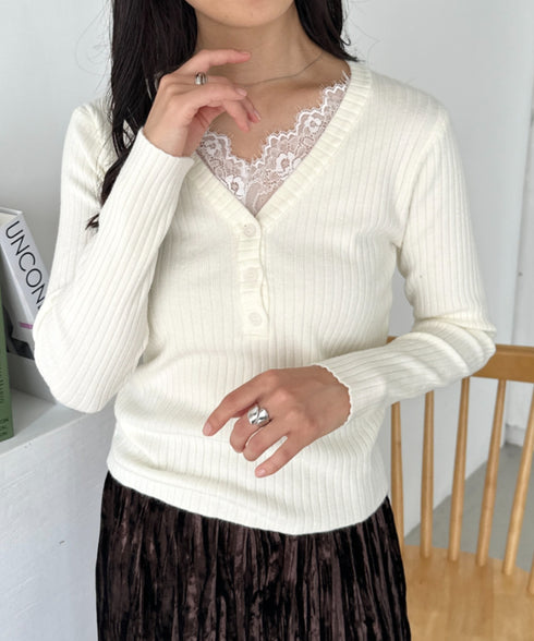 Vネックレースコンパクトトップス | CL2253027 | アイボリー