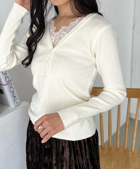 Vネックレースコンパクトトップス | CL2253027 | アイボリー