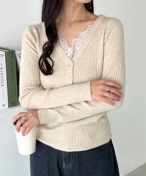 Vネックレースコンパクトトップス | CL2253027 | ベージュ