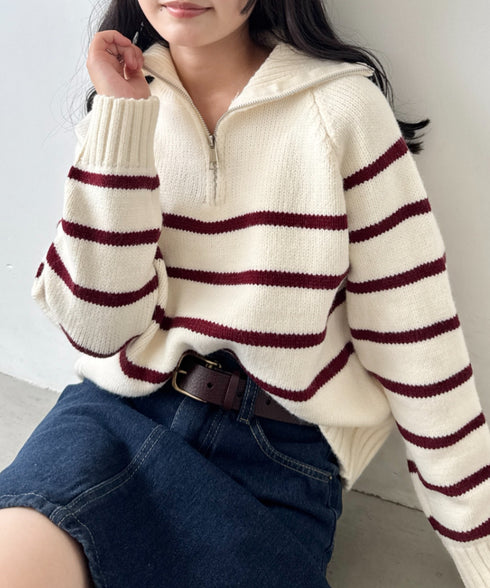 ボーダーハーフジップニットトップス | SL2254002 | ホワイト