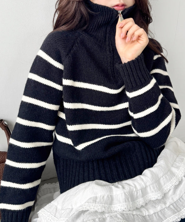 ボーダーハーフジップニットトップス | SL2254002 | ブラック