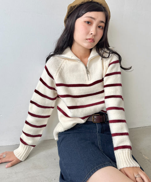 ボーダーハーフジップニットトップス | SL2254002 | ホワイト
