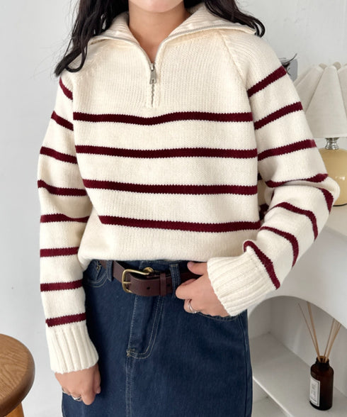 ボーダーハーフジップニットトップス | SL2254002 | ホワイト