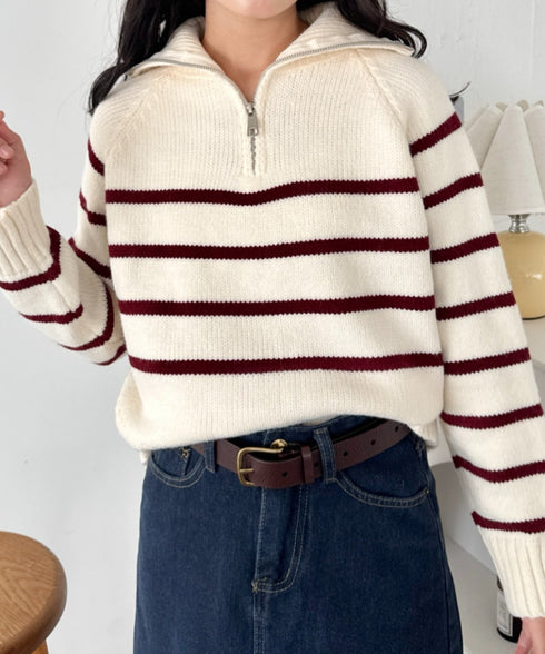 ボーダーハーフジップニットトップス | SL2254002 | ホワイト