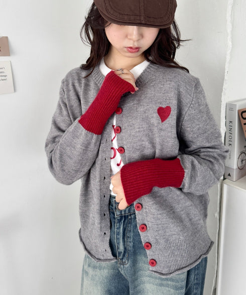袖配色ワンポイントハートニットカーディガン | SL2256101 | グレー