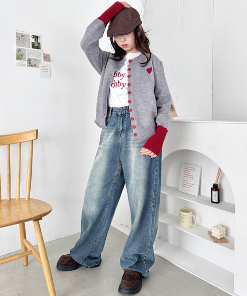 袖配色ワンポイントハートニットカーディガン | SL2256101 | グレー