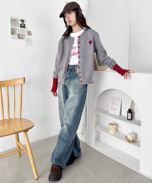 袖配色ワンポイントハートニットカーディガン | SL2256101 | グレー