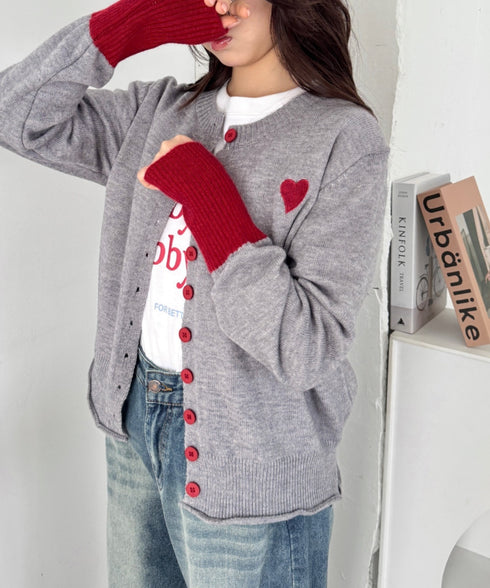 袖配色ワンポイントハートニットカーディガン | SL2256101 | グレー