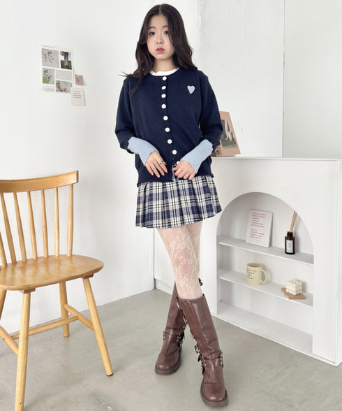 袖配色ワンポイントハートニットカーディガン | SL2256101 | ネイビー