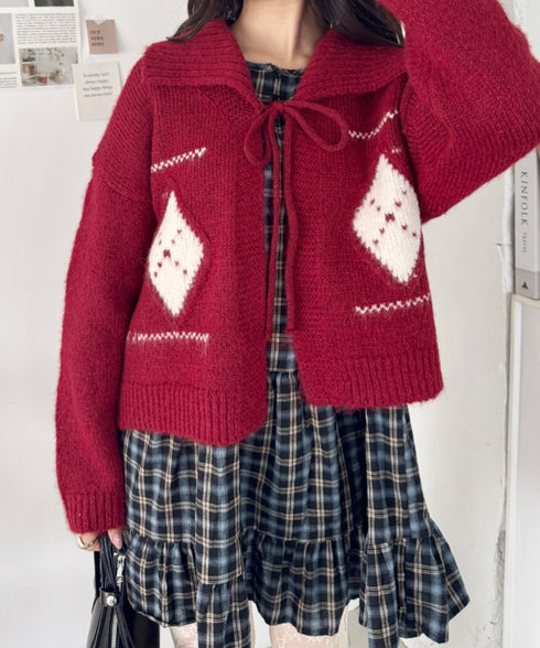 アーガイルリボンニットカーディガン | SL2256102 | レッド