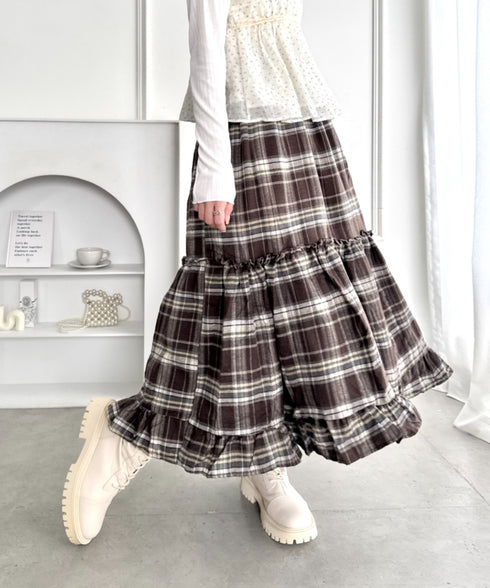 チェックフリルティアードスカート | LO2256054 | ブラウン