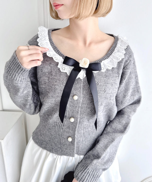 ローズリボンアイレットニットカーディガン | LO2256055 | グレー