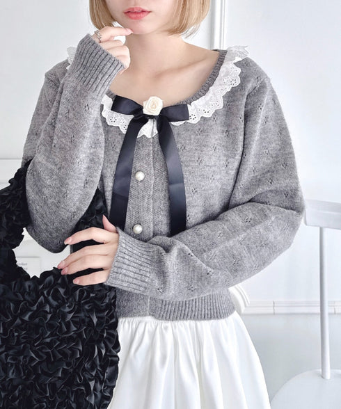 ローズリボンアイレットニットカーディガン | LO2256055 | グレー