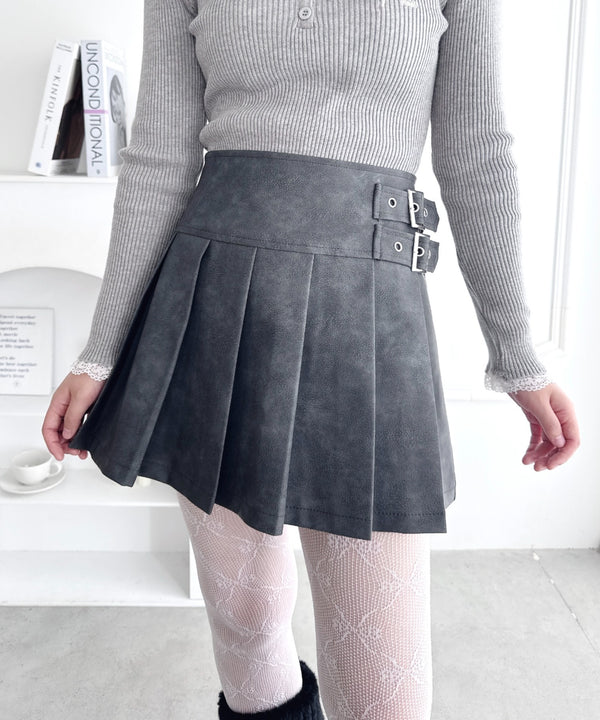 サイドベルトPUレザープリーツミニスカパン | LO2256056 | チャコールグレー