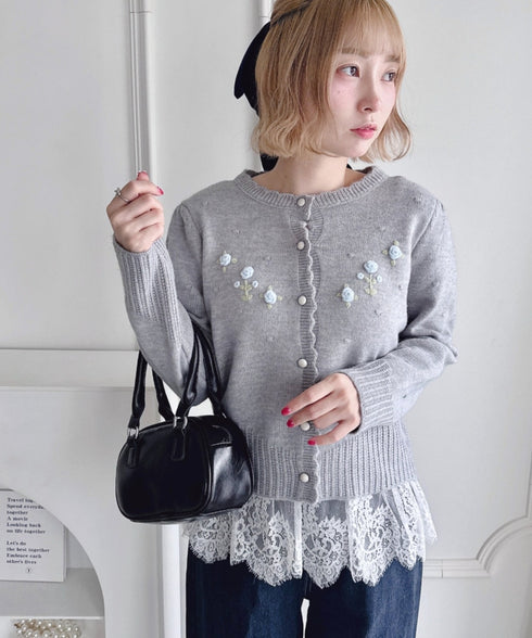 ローズ刺繍ニットカーディガン | LO2256058 | グレー
