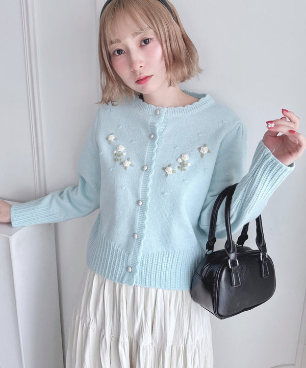 ローズ刺繍ニットカーディガン | LO2256058 | ライトブルー