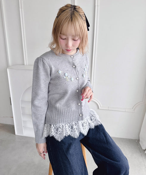 ローズ刺繍ニットカーディガン | LO2256058 | グレー