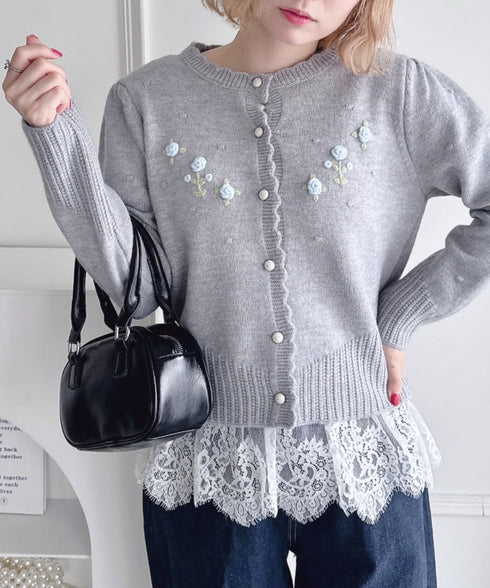 ローズ刺繍ニットカーディガン | LO2256058 | グレー