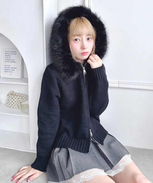 ボリュームファーダブルジップニットフーディ | LO2254012 | ブラック