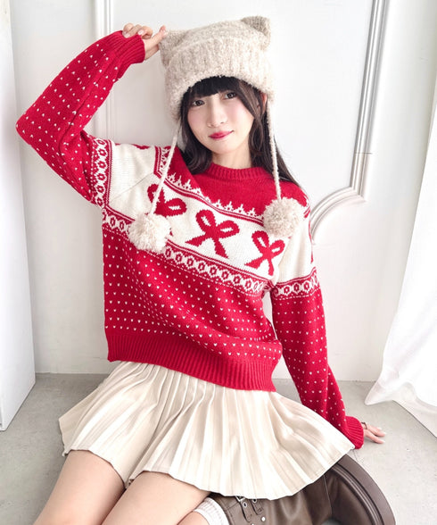 リボンノルディックニットプルオーバー | LO2254013 | レッド