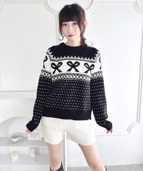 リボンノルディックニットプルオーバー | LO2254013 | ブラック