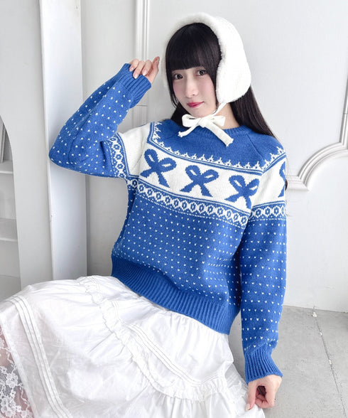 リボンノルディックニットプルオーバー | LO2254013 | ブルー