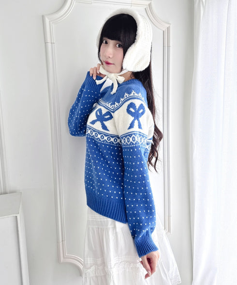 リボンノルディックニットプルオーバー | LO2254013 | ブルー