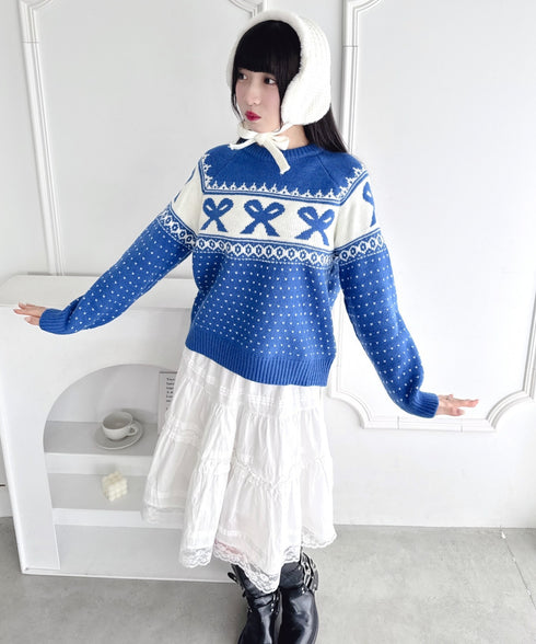 リボンノルディックニットプルオーバー | LO2254013 | ブルー