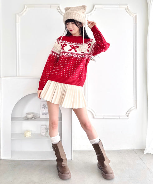 リボンノルディックニットプルオーバー | LO2254013 | レッド