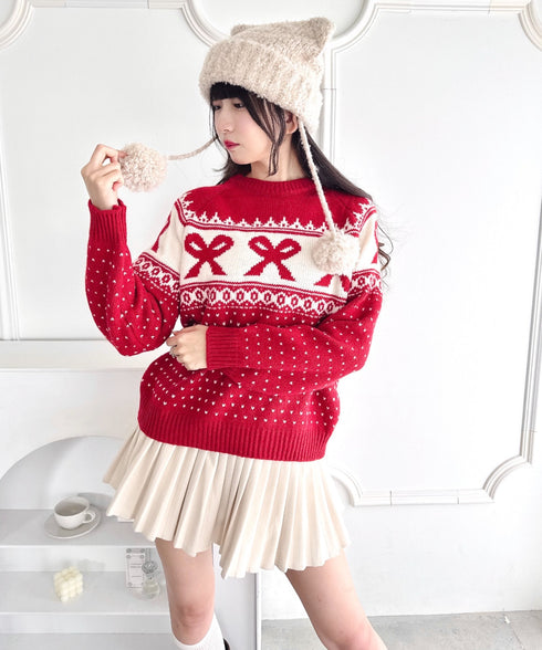 リボンノルディックニットプルオーバー | LO2254013 | レッド